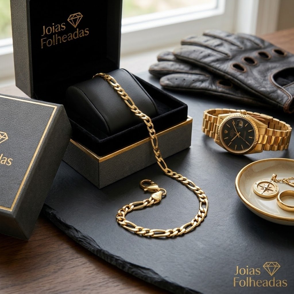 Pulseira masculina fina folheada a ouro